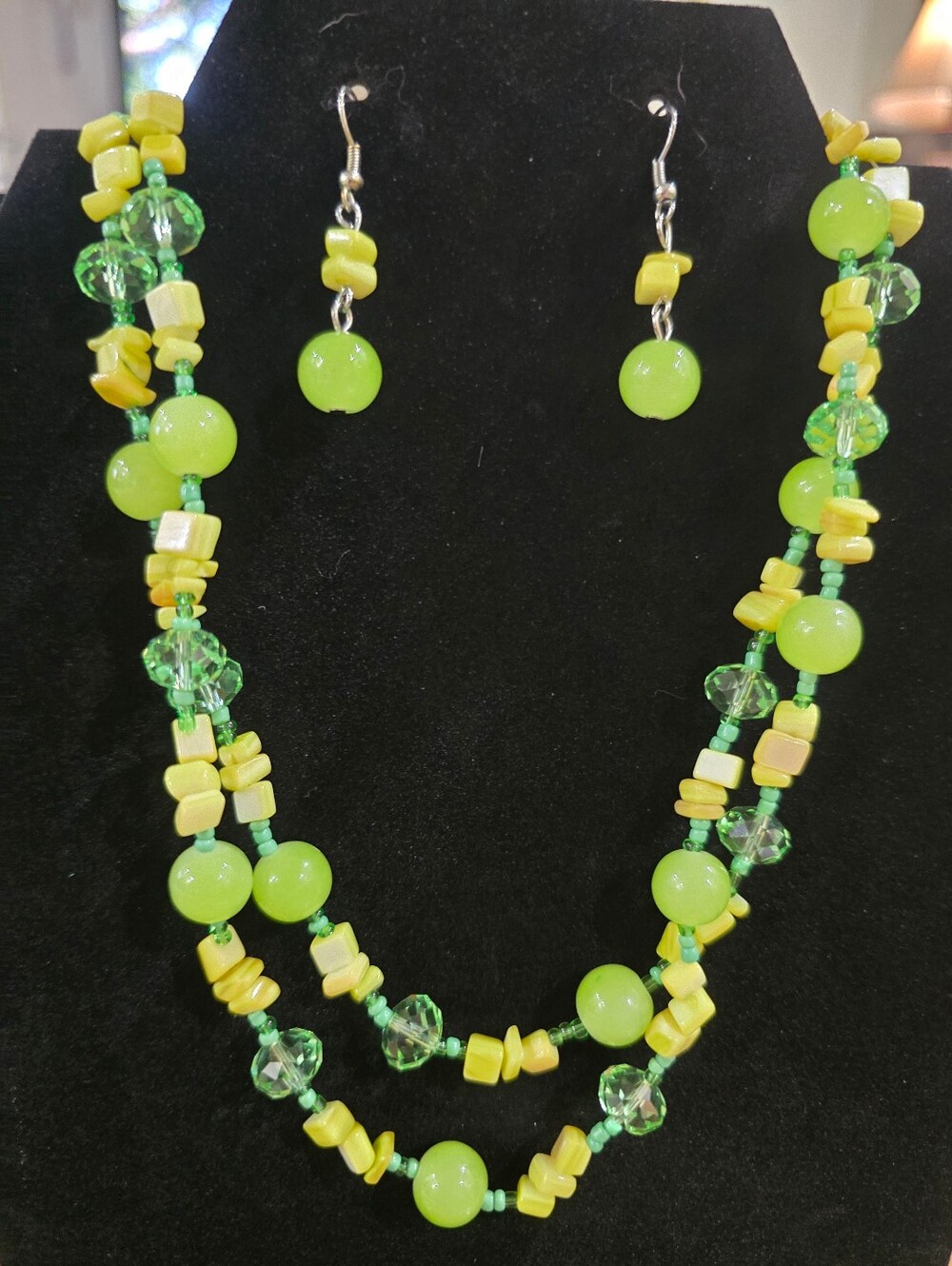 Handcrafted Lime Green Beaded Necklace & Earrings Set